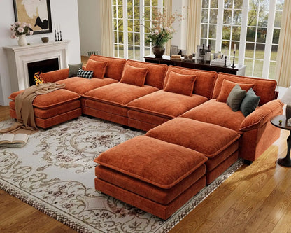 154" Oversized Modular Sectional Sofa, Comfy U-Shaped Cloud Couch w/ 3 Movable Ottomans, 7-Seater Chenille Deep, Customized