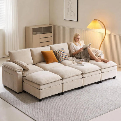 108" U Shaped Cloud Couch Sectional with Ottoman Storage, Chenille Modular Sectional Sofa with Pillow, Modern Deep, Customized