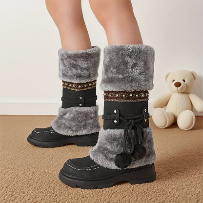 Women's Winter Furry Knee High Snow Boots Fashion Platform Chunky Heels Warm Faux Fur Lining Pull On Casual Comfy Boots Woman