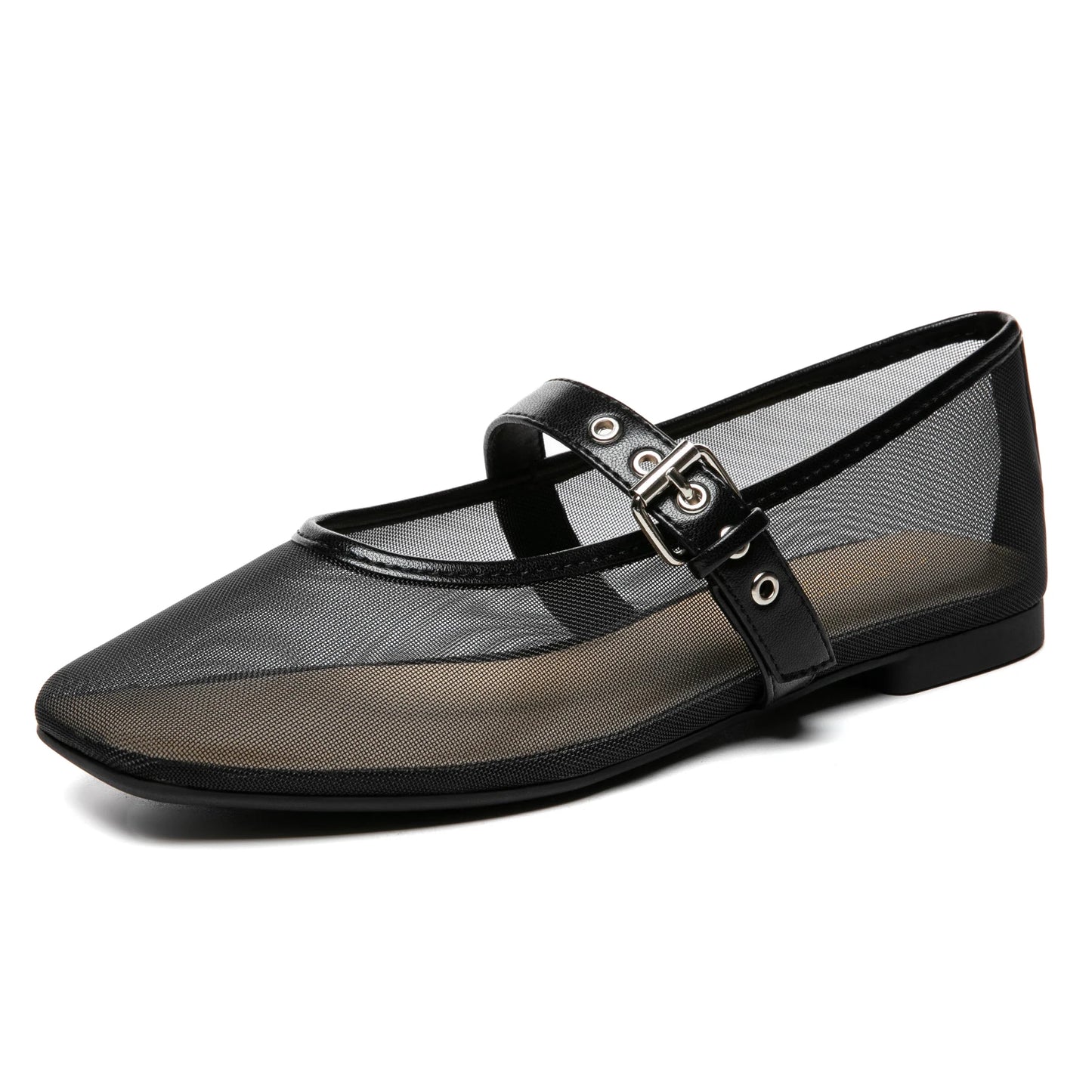 Mesh Ballet Flats for Women Square Toe Buckle Strap Mary Jane Flats Comfortable Casual Ballerina Shoes