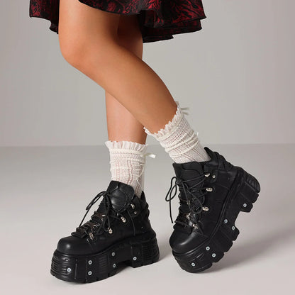 Punk Gothic Women Pumps Platform Biker Lace Up Motorcycle Ankle Boots Black Metal Combat Y2K Shoes