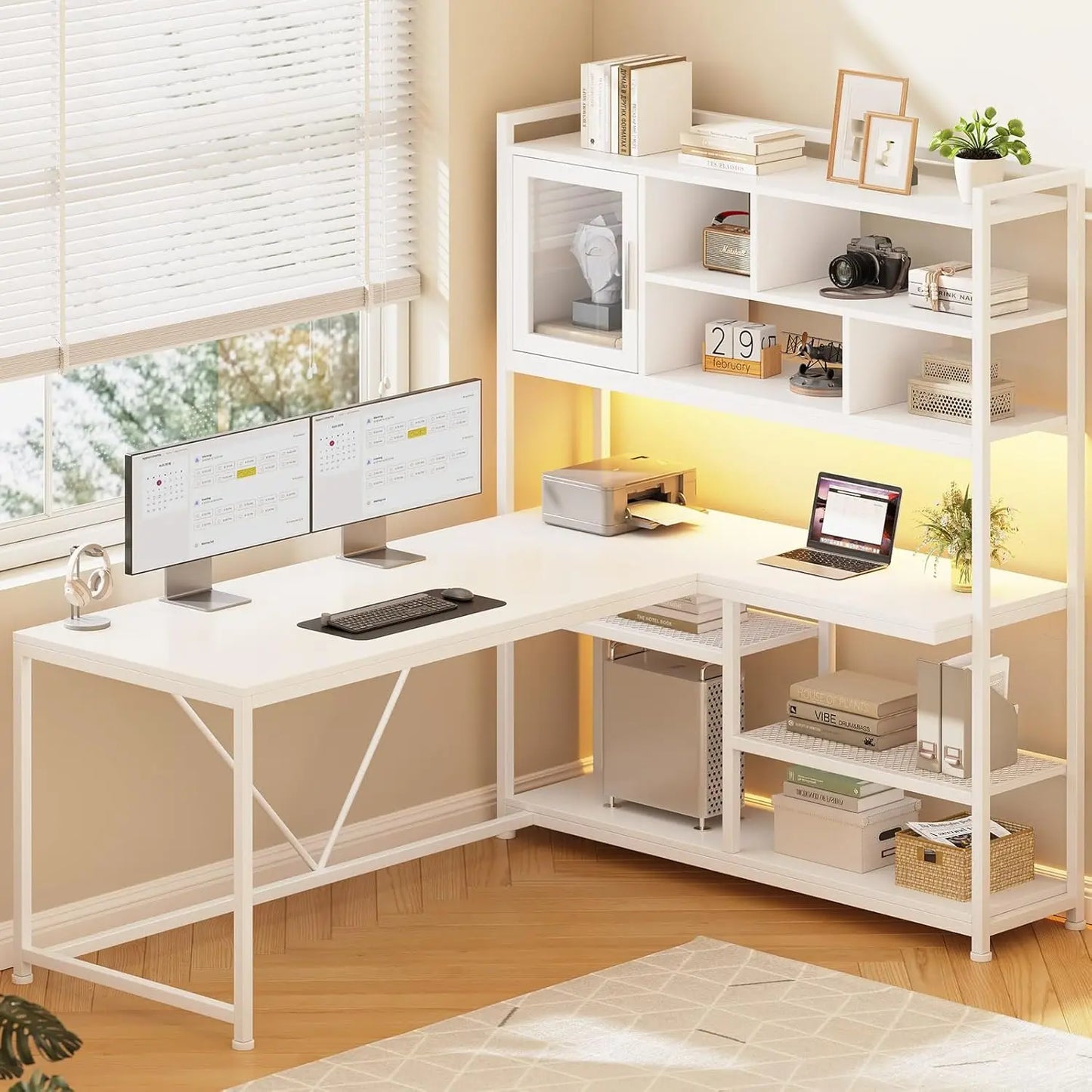 L Shaped Computer Desk, 58'' Office Desk with LED Light and Bookshelf, L Shaped Corner Desk with Storage Shelves