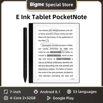 BIGME PocketNote Ebook Reader, 7-inch E-ink Screen ereader Tablet, Electronic Book e reader, support Google Play, kindle APP