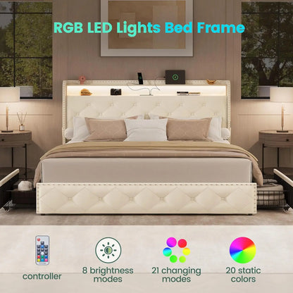 Queen Size Bed Frame with 4 Storage Drawers and Charging Station, Velvet Upholstered Platform Bed Frame with LED, Customized