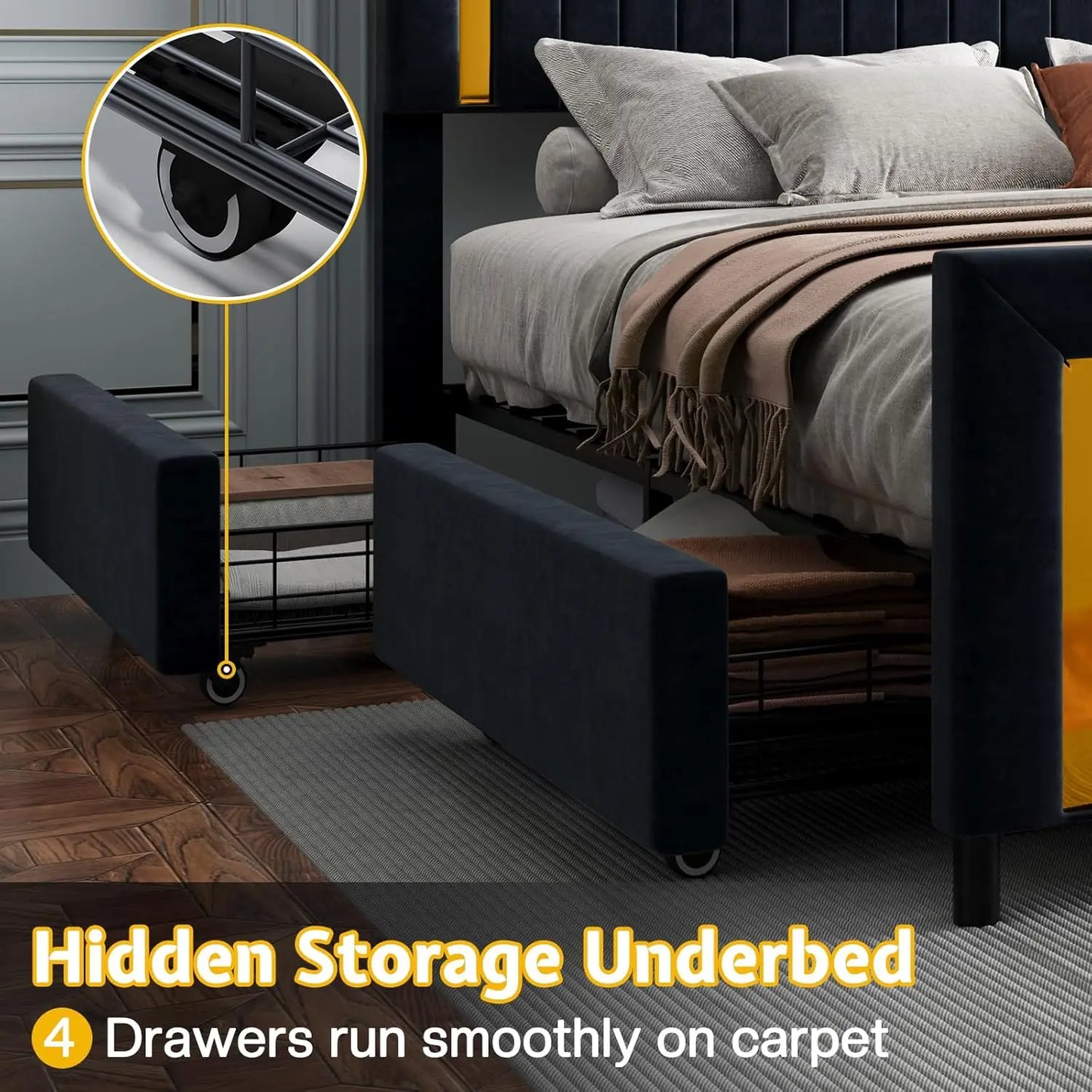 King Upholstered LED Platform Bed Frame with Storage Drawers Adjustable Headboard No Box Spring, Customized