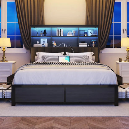 Queen Bed Frame with Headboard, Queen Bed Frame with High Storage Bookcase Headboard, 4 Storage Drawers & Charging, Customized
