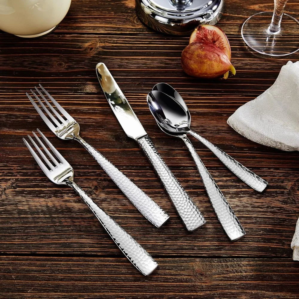 Hammered 18/10 Stainless Steel Silverware Set with Squared Edge, 20/45/65 Pieces, Serving 4 to 12 Guests, Elegant Dining