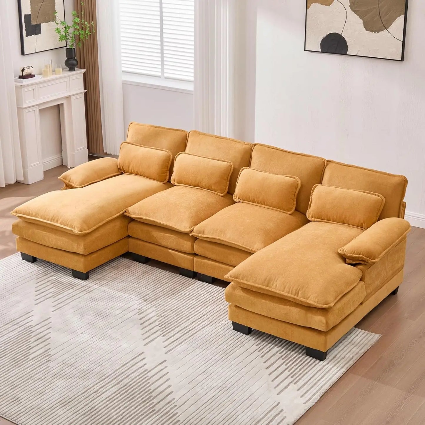 Modern U Shape Sectional Sofa Cloud Couch, 110" Upholstery Chenille Fabric Modular Couch, Comfy 4 Seat Sleeper Sofa With Double