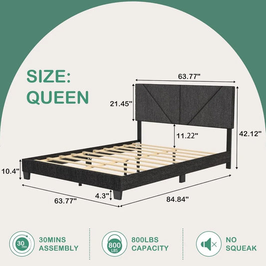 Queen Bed Frame with Headboard, Linen Upholstered Platform Bed Frame with Wood Slats Support, Adjustable Headboard