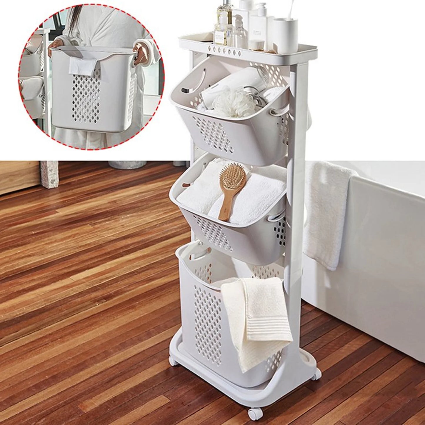 3 Tier Storage Baskets Laundry Rolling Hamper Cart Portable 3 Removable Baskets With Wheels For Bathroom Kitchen Living Room