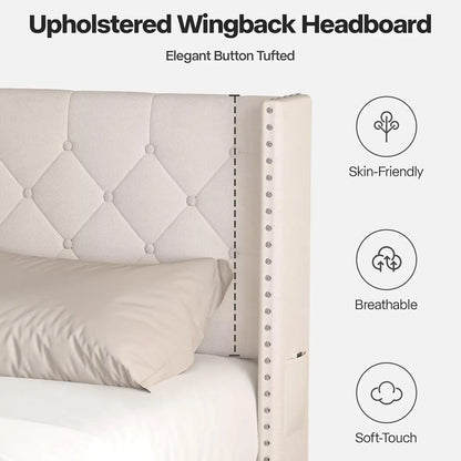 Full Size LED Bed Frame with Velvet Upholstery, Tufted Headboard, Wooden Slats, and Under-Bed Storage in Beige