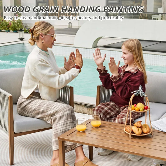 4 Pieces Patio Furniture Sets, Outdoor Patio Deep Seating Group Conversation Sofa Set with Handwoven Rope, Wooden Grain