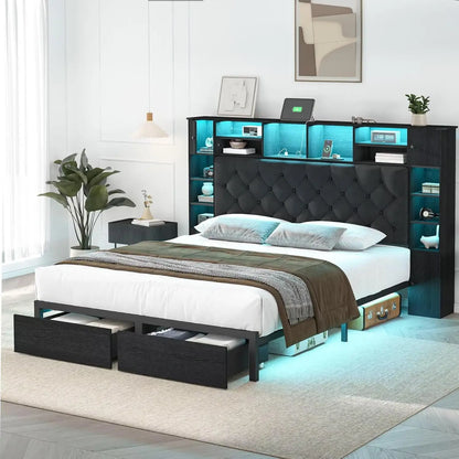Queen Bed Frame with Bookcase Headboard and Storage Drawers, 51.2" Metal Platform Queen Size Bed Frame , Black