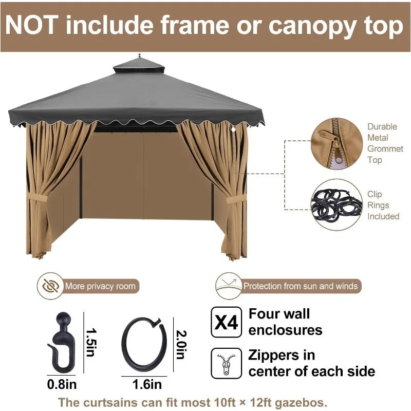 Gazebo Privacy Curtains with Zipper 4-Panels Side Wall Universal Replacement for Patio, Outdoor Canopy, Garden and Backyard