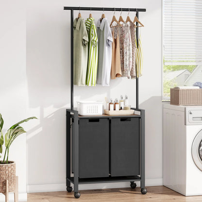 Laundry Sorter With Extendable Hanging Bar Laundry Basket With Wheels And Shelf, Laundry Room Organization And Storage