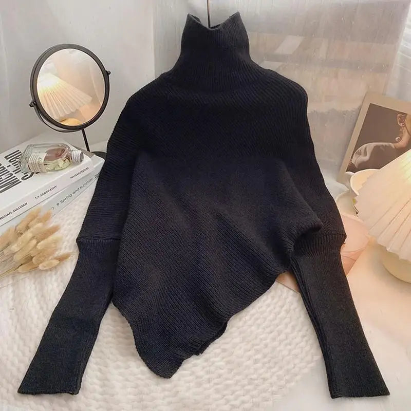 2025 Autumn Winter Women Fashion Irregular Loose Knit Sweater Vintage High Neck Long Sleeve Female Pullovers Chic Tops