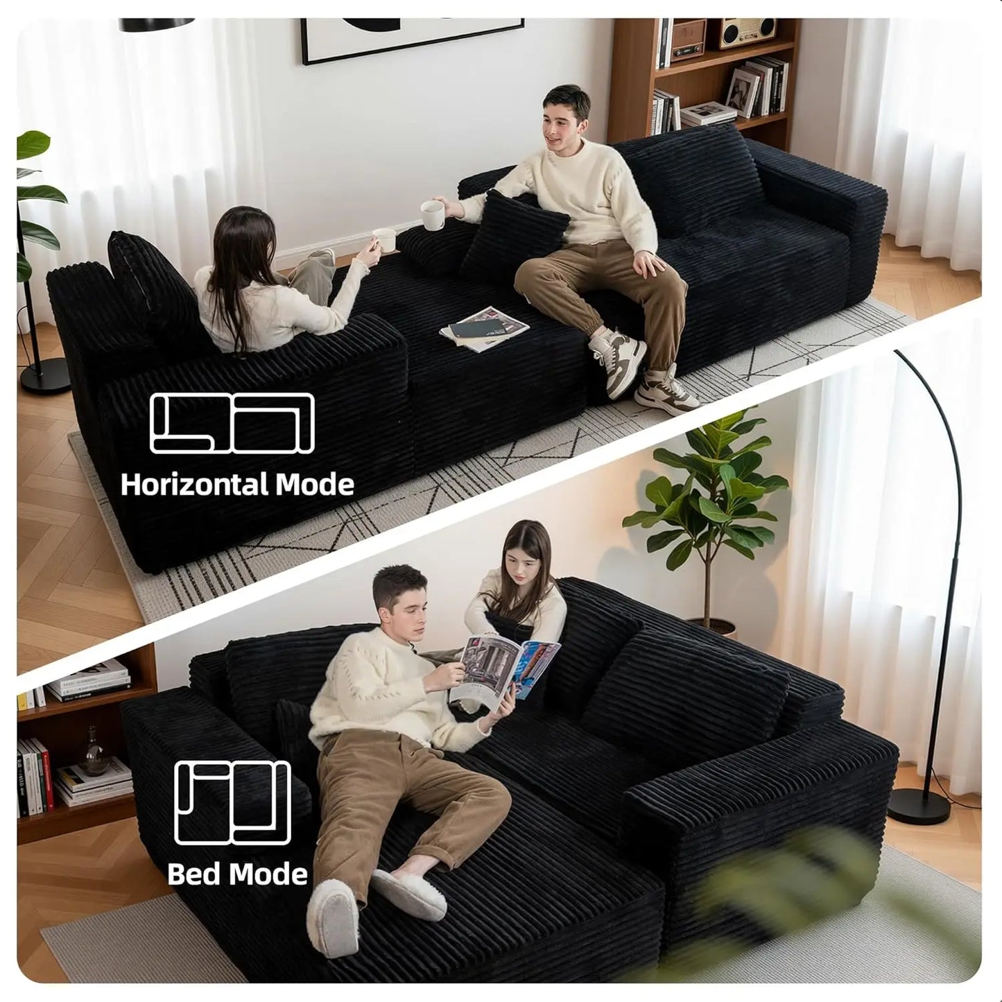 95" Boneless Couch, Cloud Couch Sectional, L-Shape Corduroy Modular Sectional Sofa Deep Seat, Upholstered Couches, Customized