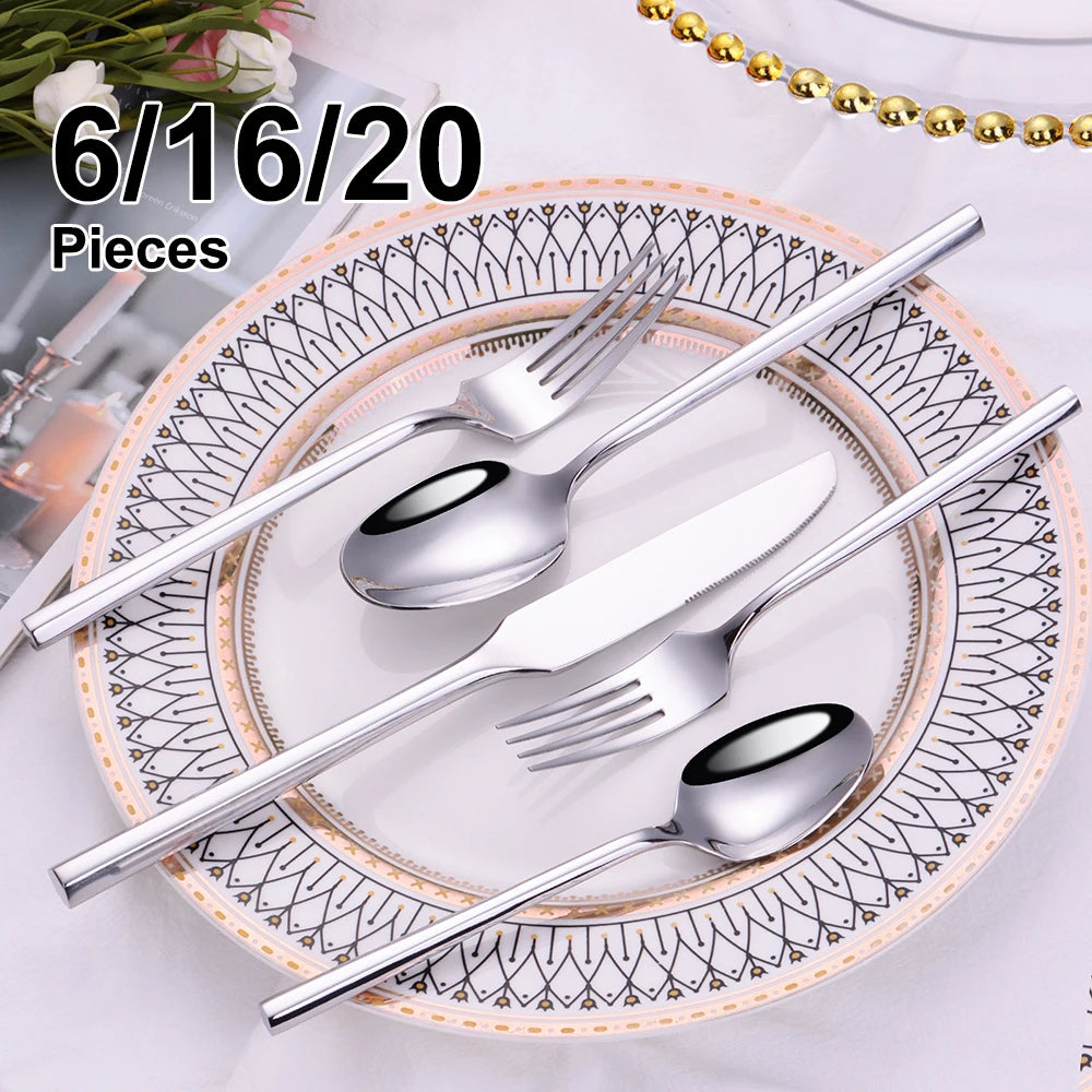 6/16/20Pcs Stainless Steel 304 Cutlery Set Mirror Sliver Tableware Western Hexagonal Handle Dinner Set Matte Knife Fork Spoon