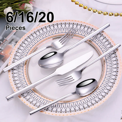 6/16/20Pcs Stainless Steel 304 Cutlery Set Mirror Sliver Tableware Western Hexagonal Handle Dinner Set Matte Knife Fork Spoon