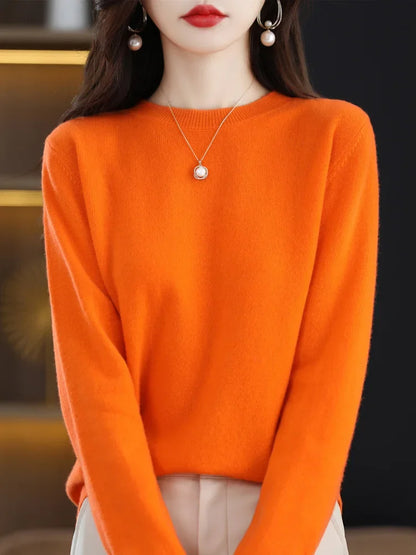 Fashion 100% Merino Wool Women's Sweater O-Neck Long Sleeve Pullover Spring Autumn Winter Basic Jumper Clothing Knitwear Tops