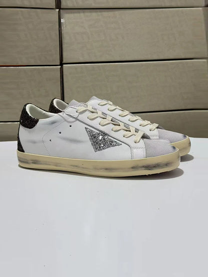 Spring Summer Fashion Casual Low-top Shiny Shoelaces Shoes Women's Round Toe Patchwork Diamond Heel Flat Bottom Sports Shoes