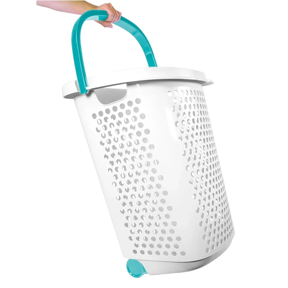 Rolling Laundry Hamper with Pop-up Handle Plastic 2 Bushel Wheeled Basket Mobile Storage Adult Tween Ideal College Home Garage