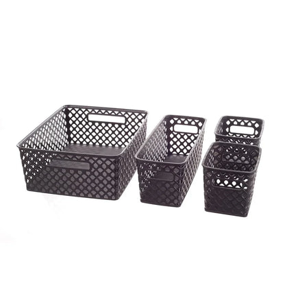 4 Piece Black Decorative Storage Basket Set Durable Plastic Organization Bins with Cut-Out Handles Versatile Home Storage