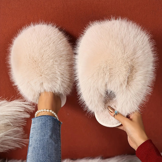1 Pair Elegant Faux Fur Slippers for Women, Indoor/Outdoor House Shoes, Korean Style Warm Flat Non-Slip Rubber Sole, Pure Color
