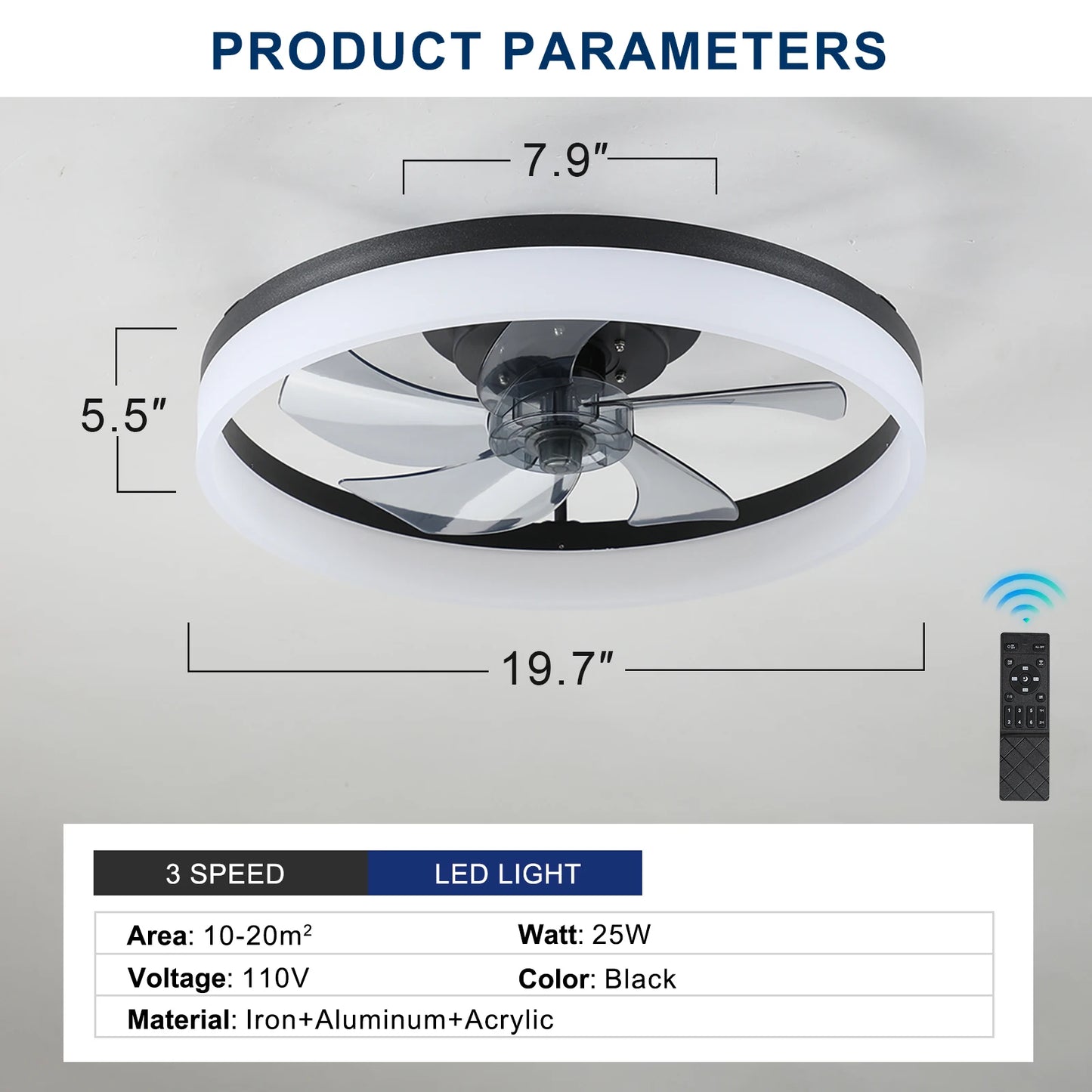 LED fan light ，20 inch modern acrylic black ceiling fan light with remote control, dimmable , 6-speed adjustable, silent motor