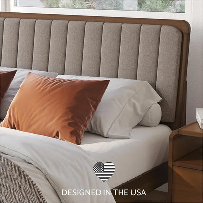 Casa Raven Solid Wood Queen Size Bed Frame - Mid Century Modern Style, Platform with Tufted Upholstered Adjustable Height Head