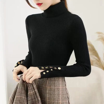 2025 Knitted Turtleneck Women Sweater Button Long Sleeve Pullovers Autumn Winter Basic Femme Sweaters Slim Solid Pull Tops