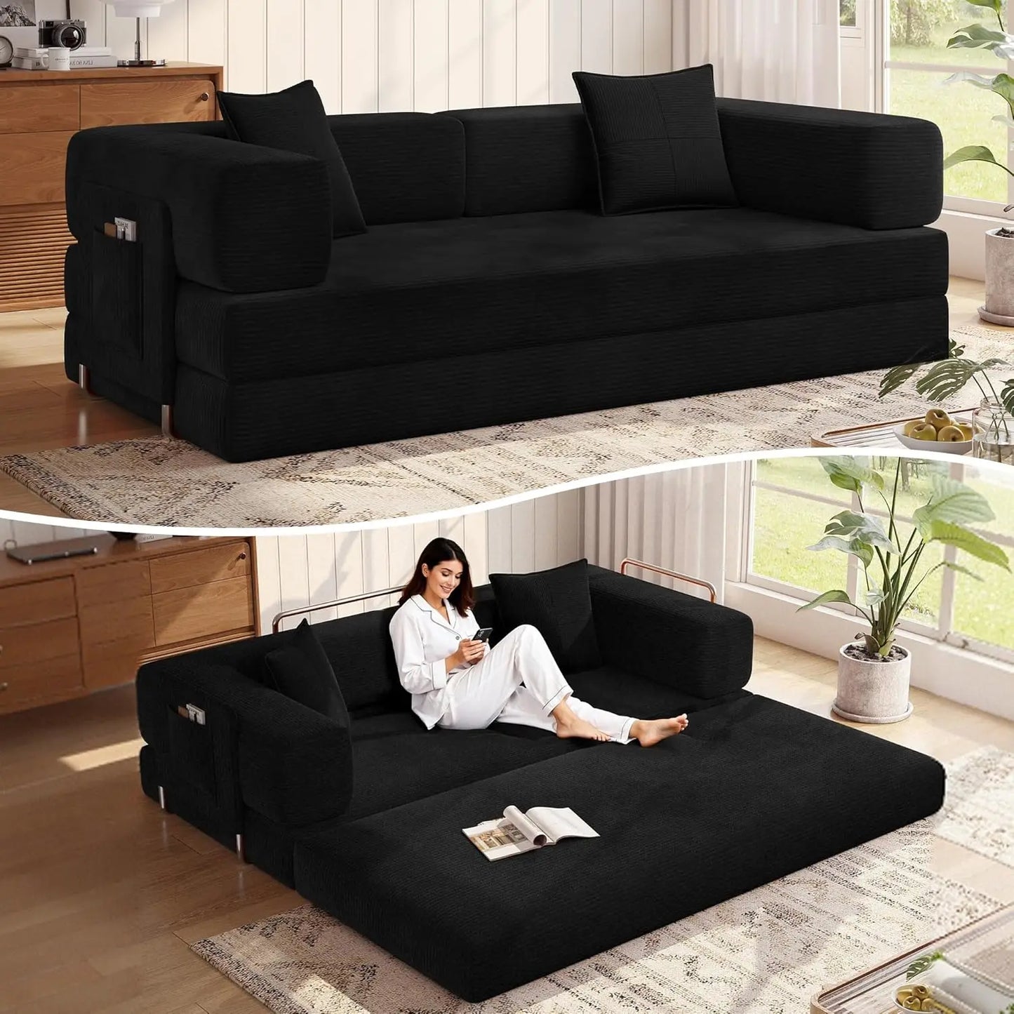 78.8''Sleeper Couch Bed for Livingroom，Convertible Modular Sofa with Armrest Pillow，Modular Fldable Corduroy, Customized