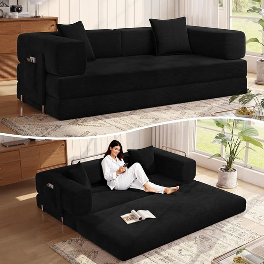 78.8''Sleeper Couch Bed for Livingroom，Convertible Modular Sofa with Armrest Pillow，Modular Fldable Corduroy, Customized