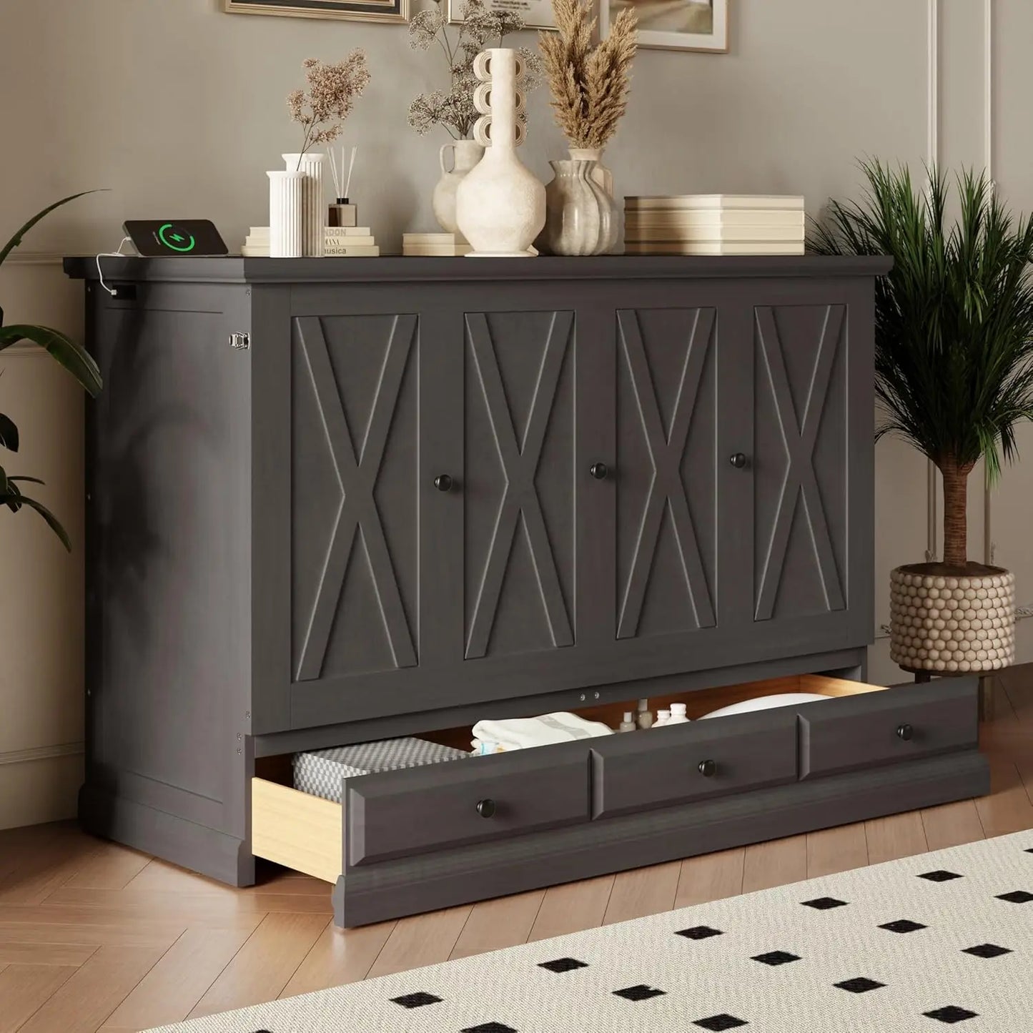 Queen Size Murphy Bed, Solid Pine Queen Murphy Bed Frame Chest Cube Cabinet with Charging Station and Large Storage Drawer for H