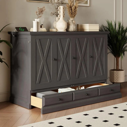 Queen Size Murphy Bed, Solid Pine Queen Murphy Bed Frame Chest Cube Cabinet with Charging Station and Large Storage Drawer for H