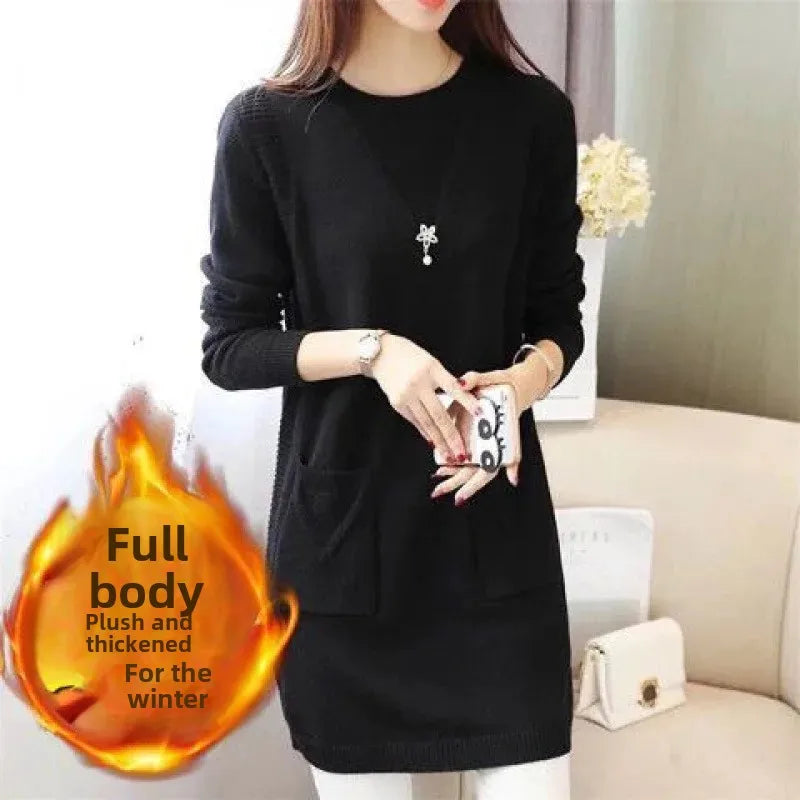 2024 New Style Korean Version Loose-Fit Medium-Length Knit Base Layer Top Women's Pullover Sweater Skirt Fleece-Lined Thickened