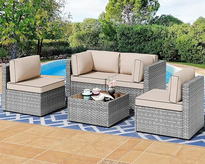 5 pieces outdoor patio furniture sets, patio sectional sofa couch, gray pe wicker furniture modular patio conversation sets pat