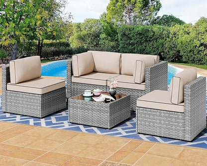 5 pieces outdoor patio furniture sets, patio sectional sofa couch, gray pe wicker furniture modular patio conversation sets pat