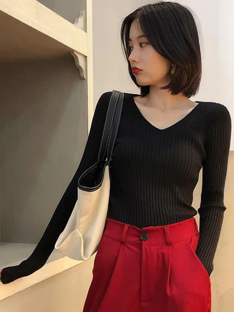 2025 Autumn Winter Women Solid Rib Knit V Neck Stripe Pull Sweater Femme Long Sleeve Pullover Jersey Tops Fashion Clothes Y2k