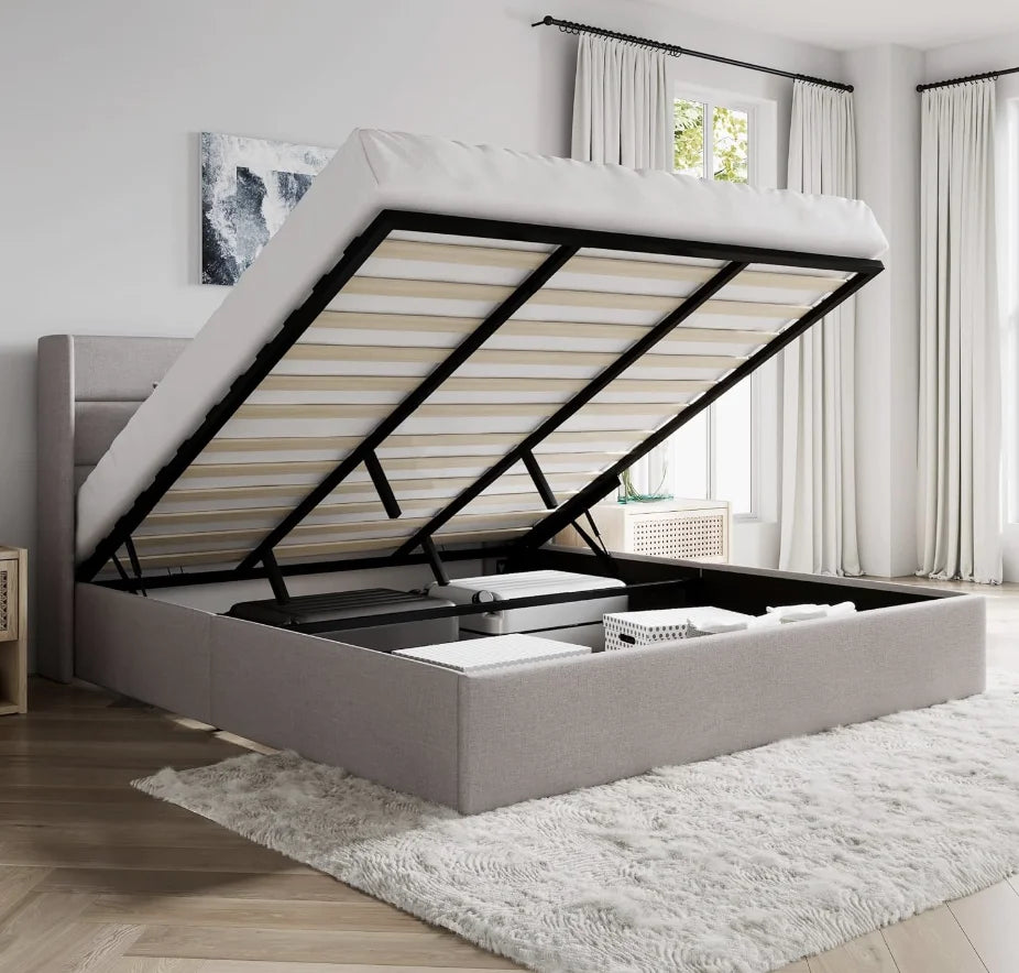 King Size Lift Up Storage Bed/Modern Wingback Headboard/Upholstered Platform Bed Frame/Hydraulic Storage/No Box Spring Needed/Wo