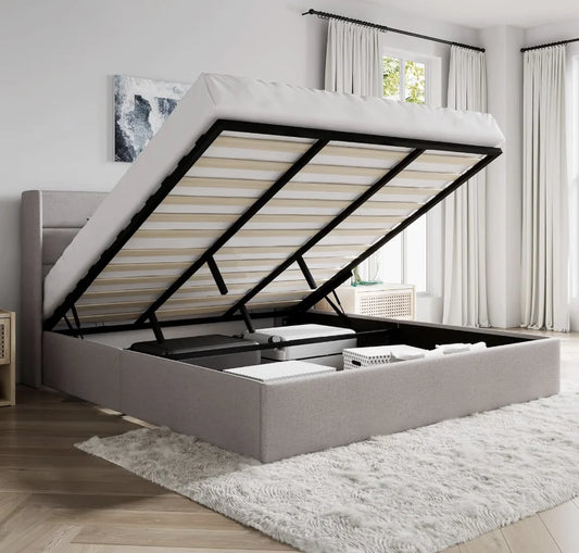 King Size Lift Up Storage Bed/Modern Wingback Headboard/Upholstered Platform Bed Frame/Hydraulic Storage/No Box Spring Needed/Wo