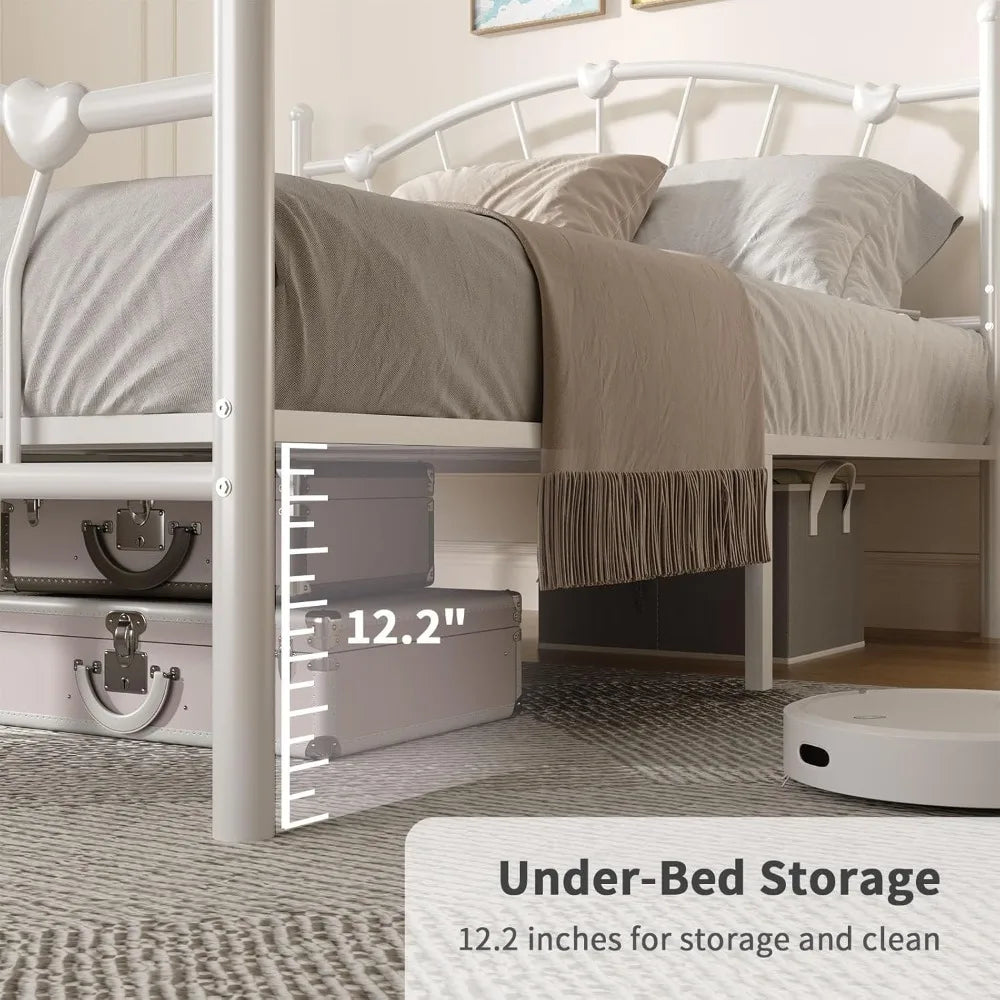 Metal Bed Frame, Bed Frame with Headboard, Heart-Shaped Decorative Headboard and Footboard, Heavy Duty Metal Slat Support