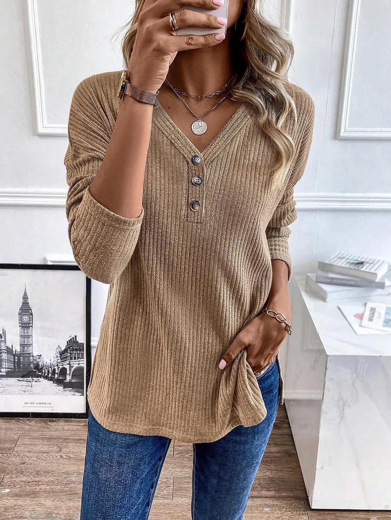 Spring and autumn button ribbed knitted tops casual sweater all-match solid color long-sleeved pullover V-neck top