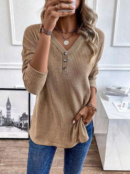 Spring and autumn button ribbed knitted tops casual sweater all-match solid color long-sleeved pullover V-neck top