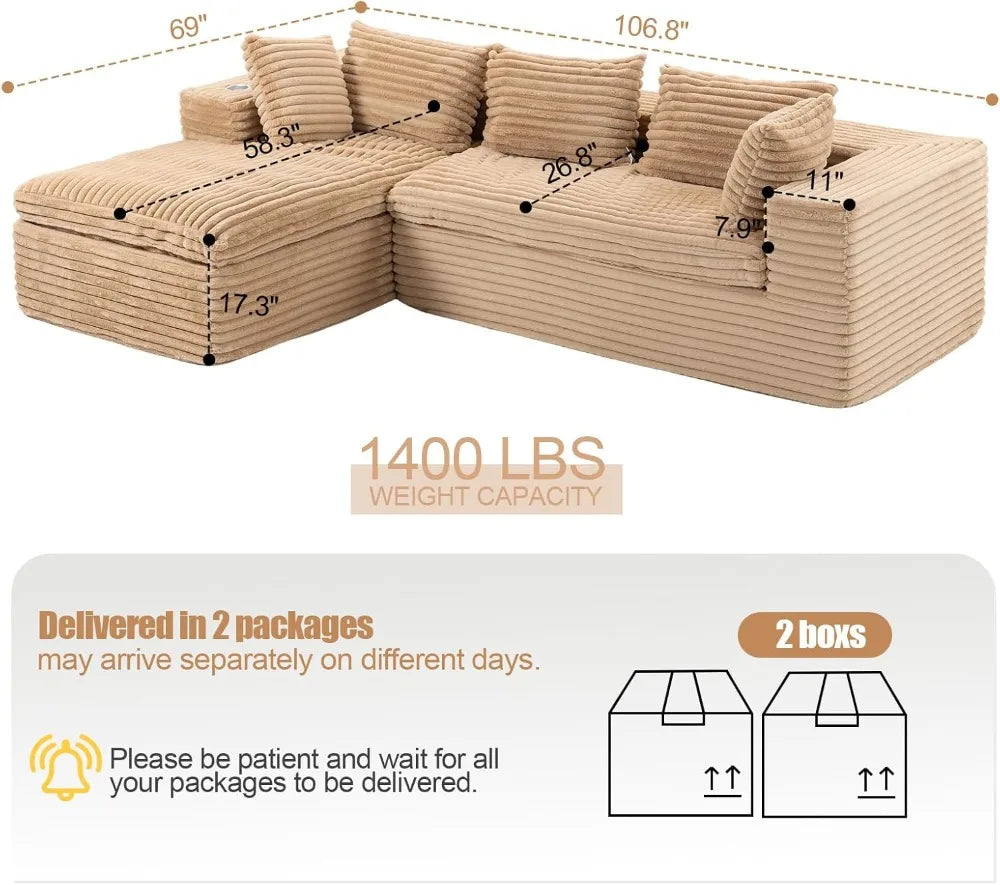 Cloud Modular Sectional Sofa L-Shape Chaise No Assembly, Comfy Boneless Couch for Living Room, Soft Plush 107 in