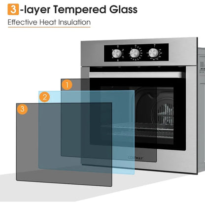 COSTWAY 24" Single Wall Oven, Electric Built-in Wall Oven with 2.47 Cu.  Ft. Capacity, 5 Cooking Functions, 360° Rotisserie