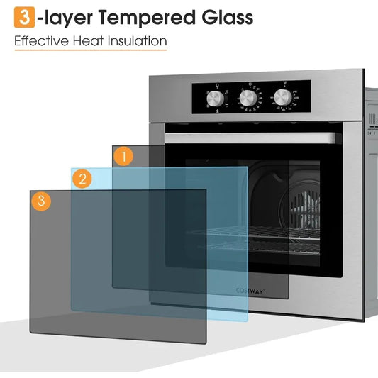 COSTWAY 24" Single Wall Oven, Electric Built-in Wall Oven with 2.47 Cu.  Ft. Capacity, 5 Cooking Functions, 360° Rotisserie