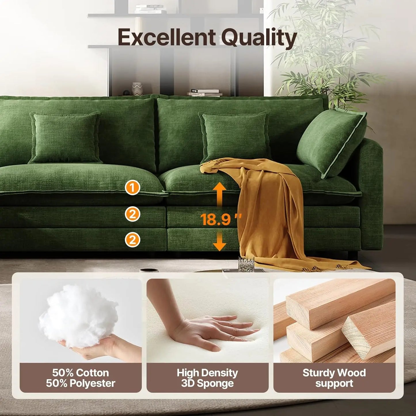 102'' Modular Sectional Sofa - Green Cloud Couch with Movable Ottoman L-Shaped Living Room Furniture Modern Customized Design