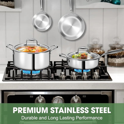 3 Ply Stainless Steel 11-Piece Cookware Set with Lids, Pots and Pans Kitchen Set, Non-Toxic, Induction, Oven, Dishwasher Safe, P