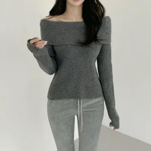 Korean Style Pure Desire One Shoulder Knitted Sweater Thickened Long Sleeve Slim Fit Women's Fashion Autumn Clothes
